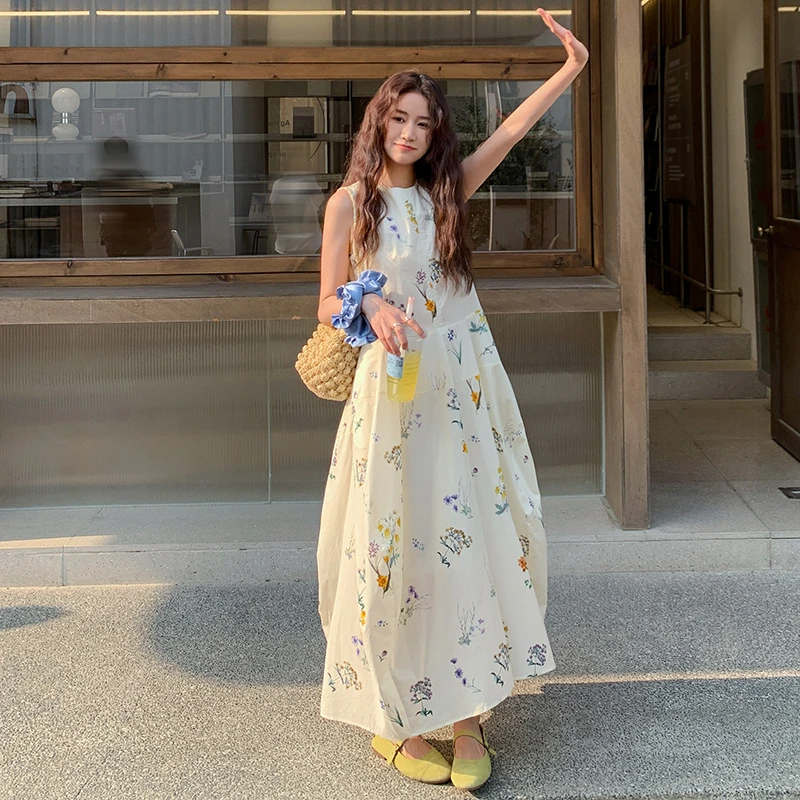 无袖背心韩版连衣裙女法式今年流行气质茶歇巨好看超火花苞长裙子