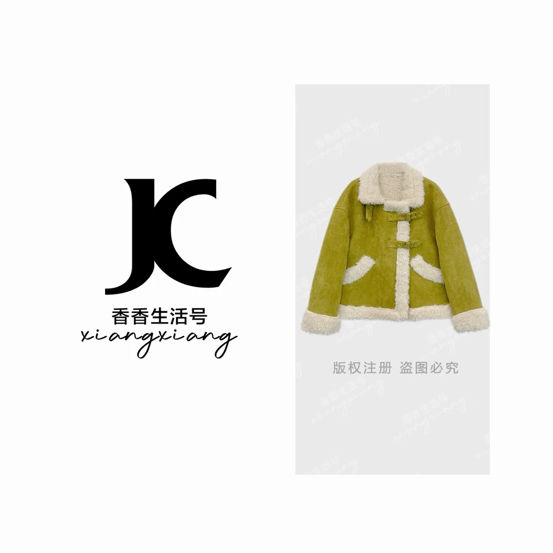 2025冬季新款秋香绿外套翻领牛角扣撞色秋冬保暖款DM2526