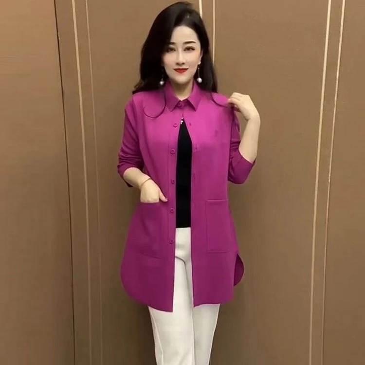 中长款中老年女装休闲厚款纽扣衬衫时尚针织休闲风气质
