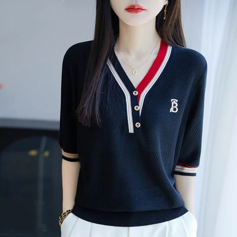 2025年夏季薄款大码设计感刺绣针织衫短袖t恤女胖mm显瘦冰丝上衣