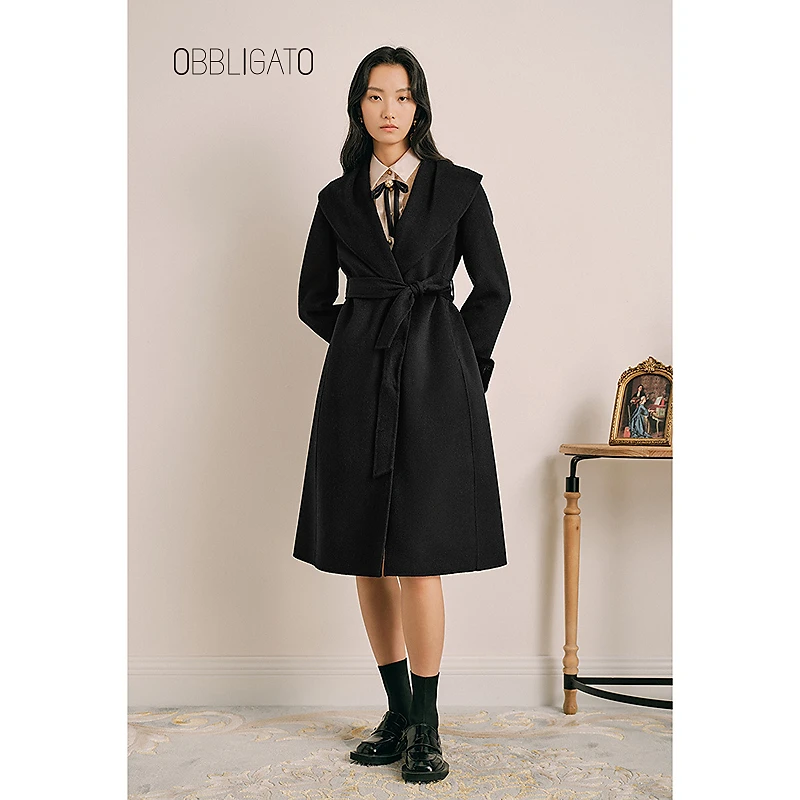OBBLIGATO奥丽嘉朵金标黑色大翻领时尚修身百搭大衣1C33380030