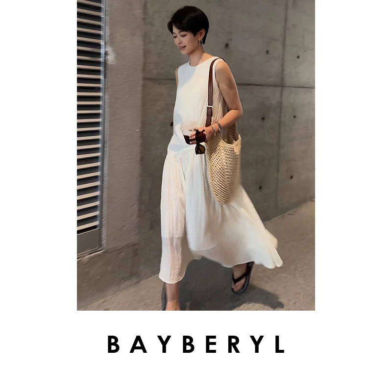 BAYBERYL老贝悦己*白色亚麻圆领抽绳摆无袖秋连衣裙DR5C2902