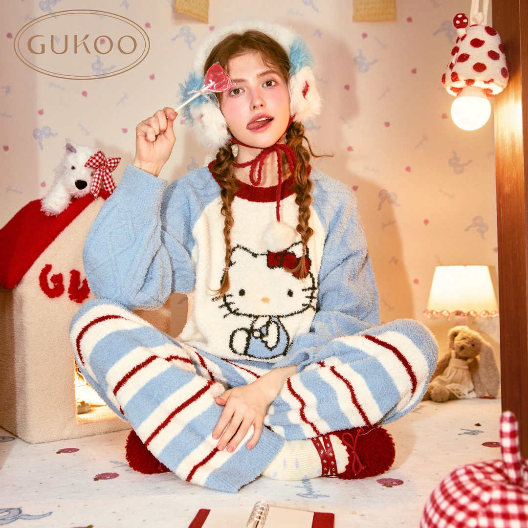 Gukoo/果壳HelloKitty蓝白撞色睡衣女雪尼尔家居服套装加厚插肩袖