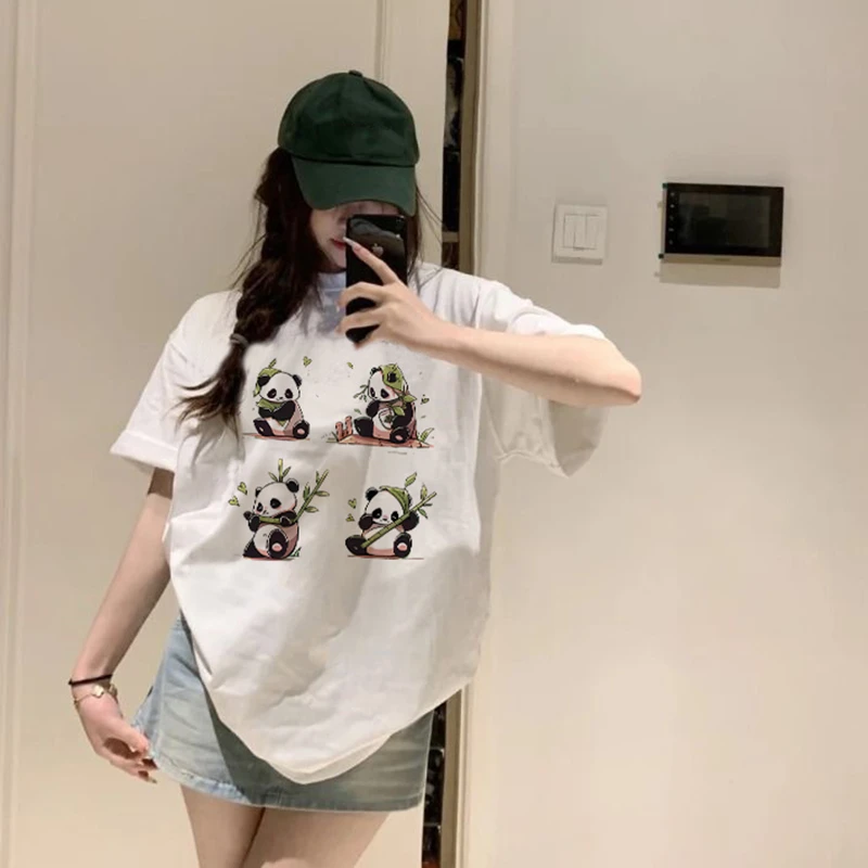 100%纯棉国潮卡通圆领上衣夏装白色透气t恤衫可爱熊猫小众短袖女