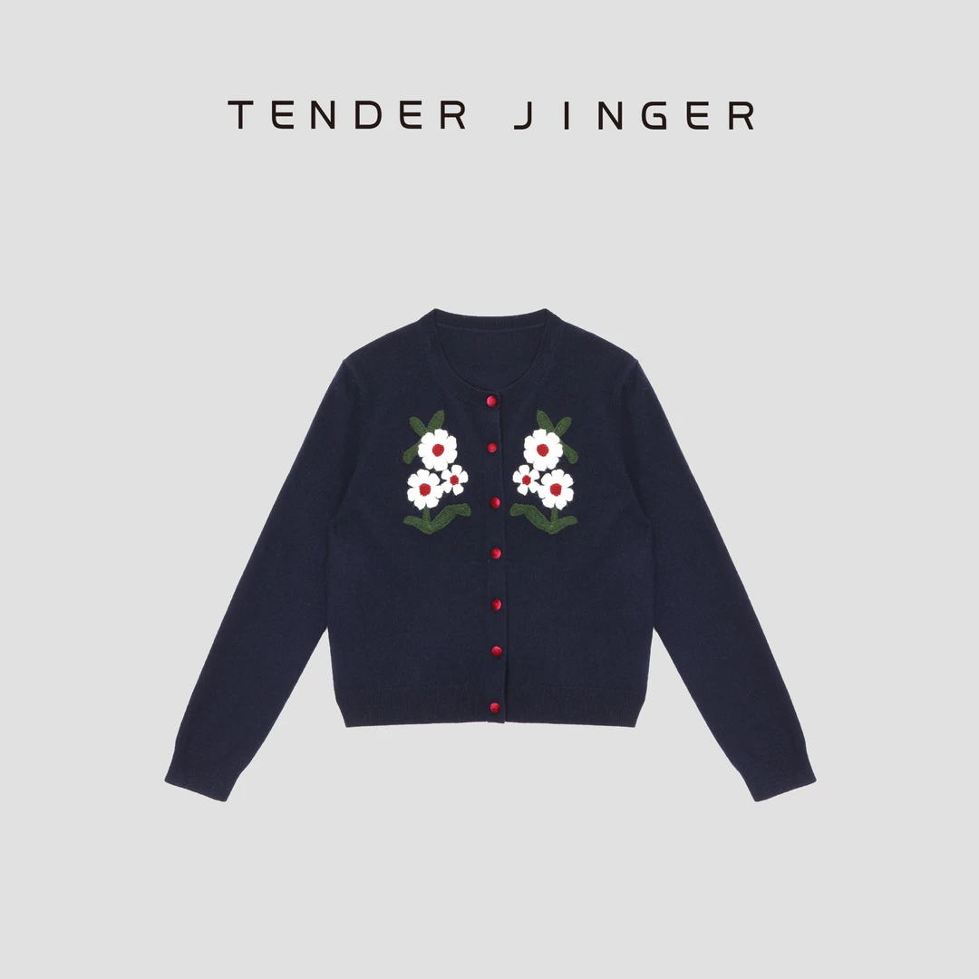 Tender Jinger【云朵触感】羊绒花卉刺绣针织开衫T53BBS41176
