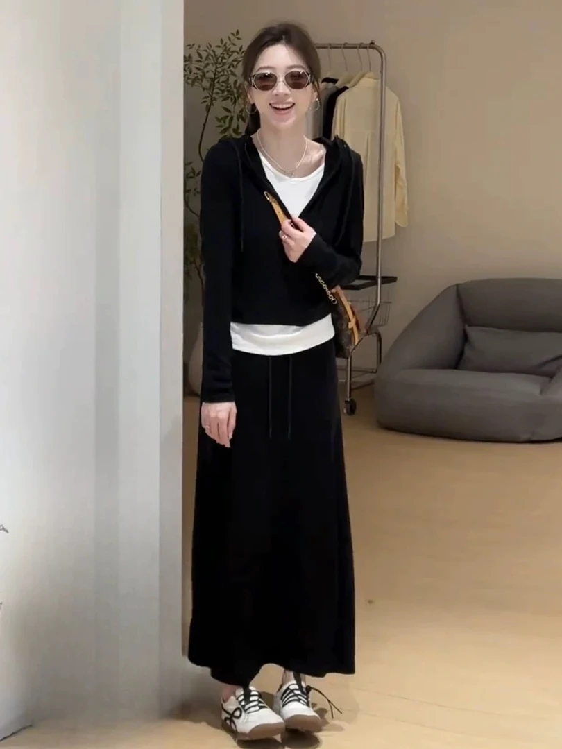 慵懒风INS风休闲风时尚套装女装休闲针织拼接连帽套裙----8822