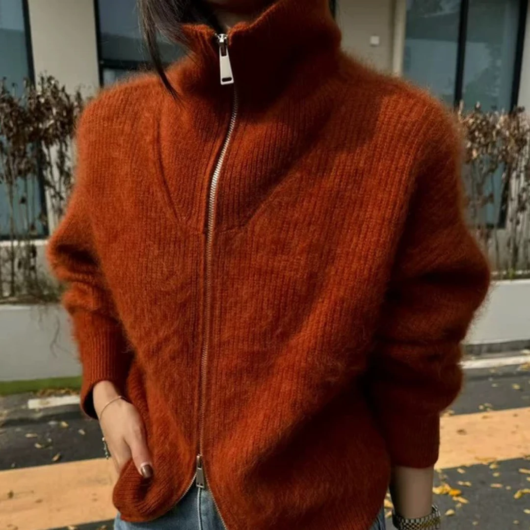 〔小版可翻领长拉毛拉链开衫〕〔不可机洗〕韩系元宝针加厚长毛拉毛