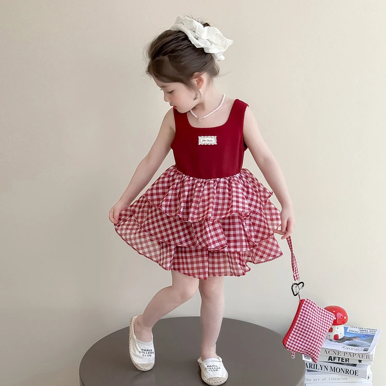 女童连衣裙夏季新款儿童洋气时髦公主裙女宝宝拼接格子背心蛋糕裙