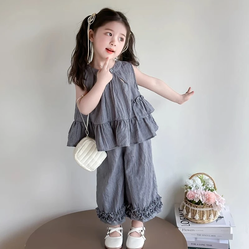 女童套装夏季新款洋气时髦荷叶边无袖背心裙女宝宝韩版宽松防蚊裤