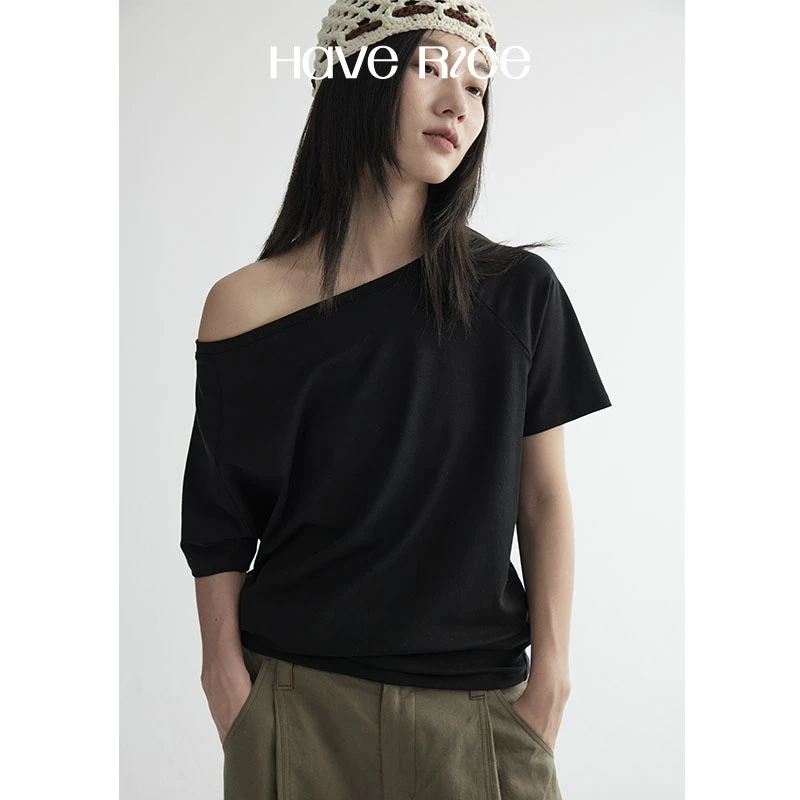 【斜肩辣妹T】 HAVERICE饭馆 莱赛尔亲肤弹力简约一字肩短袖T恤