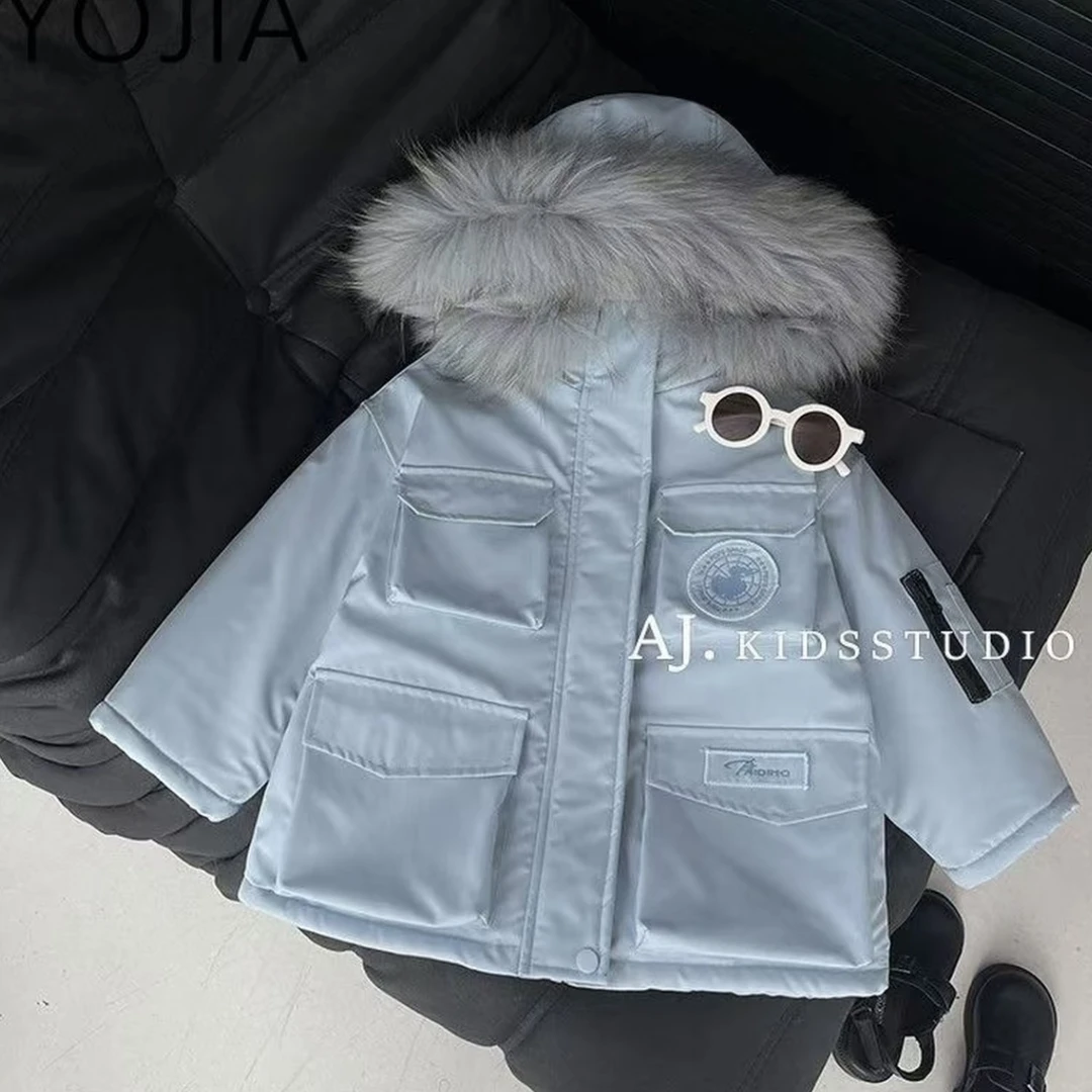 男童女童新款韩版潮流毛领冬季儿童户外保暖加棉加绒派克服棉服潮