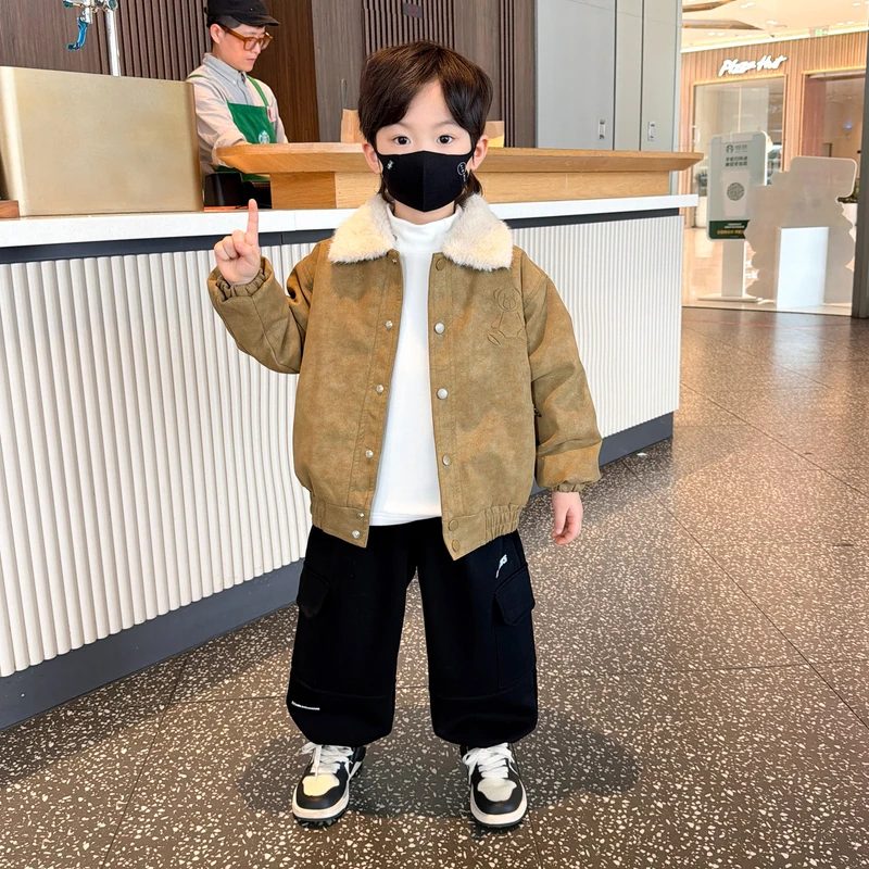 男童加绒皮衣秋冬装2025新款宝宝韩范外套儿童冬装帅气皮夹克棉衣