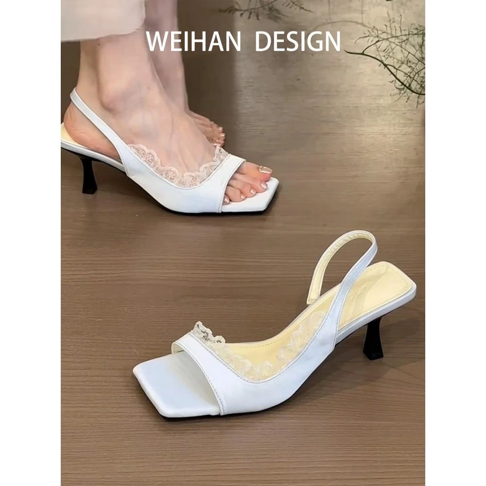 时尚版！法式绸缎蕾丝一字带凉鞋女细跟方头露趾高跟鞋侧空凉拖鞋