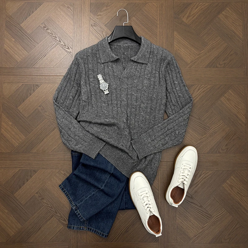 LANSIM· 意式老钱风绞花海鸥领针织衫毛衣男士秋冬季翻领羊毛衫