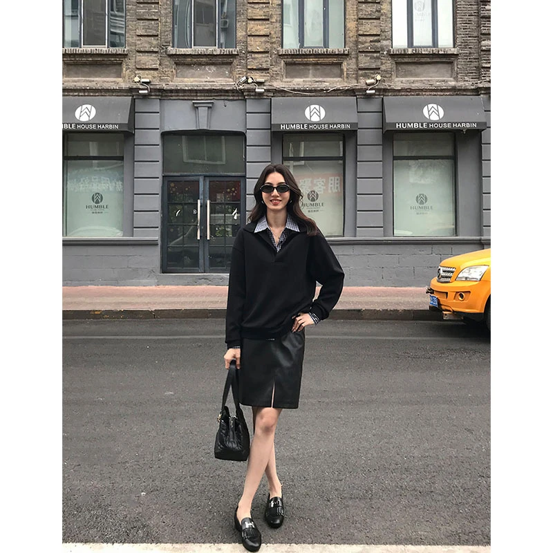 韩系秋冬新款套装时尚洋气设计感polo长袖上衣高腰修身显瘦半身裙