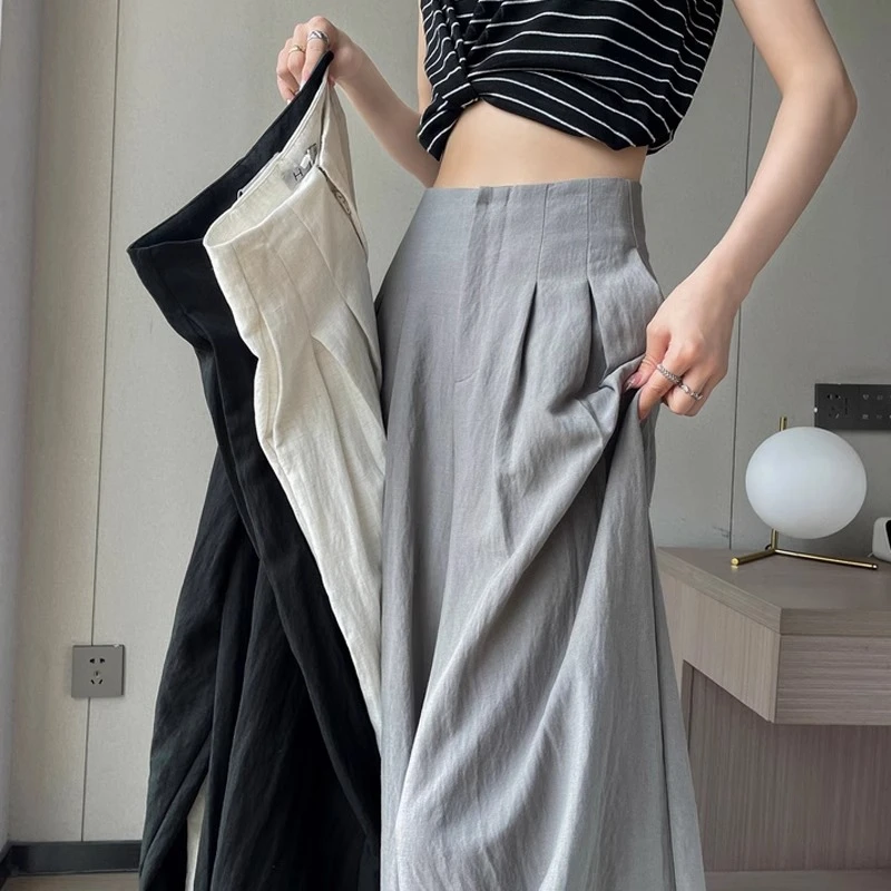 灰色亚麻西装裤女夏季薄款棉麻冰丝裤子宽松显瘦垂感拖地阔腿裤裙
