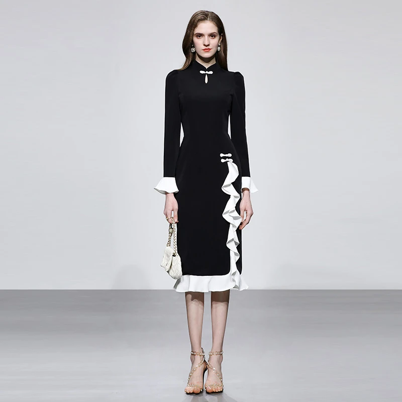 妮-达菲时尚新中式撞色荷叶边拼接黑裙收腰气质连衣裙HC10133043
