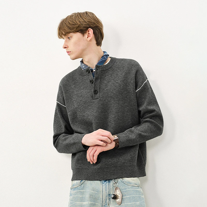 714street抗起球亨利领毛衣男2025秋冬落肩宽松针织衫上衣521481