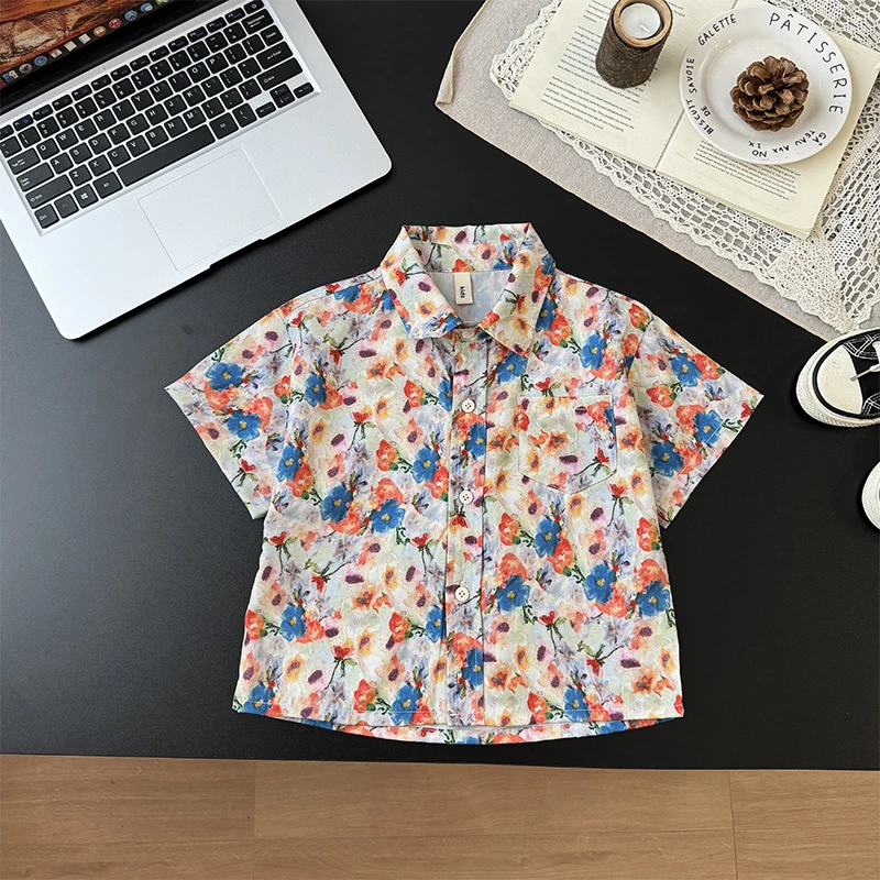 儿童夏季鲜花满印短袖衬衫2025男童新款翻领外套中小童洋气童装