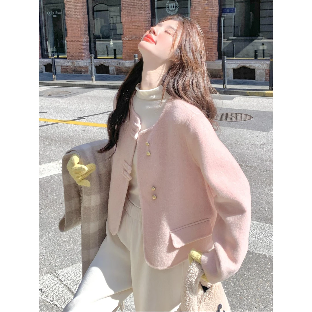 粉色小香风甜美双面呢羊毛外套女2025秋冬季新款时尚气质显瘦上衣