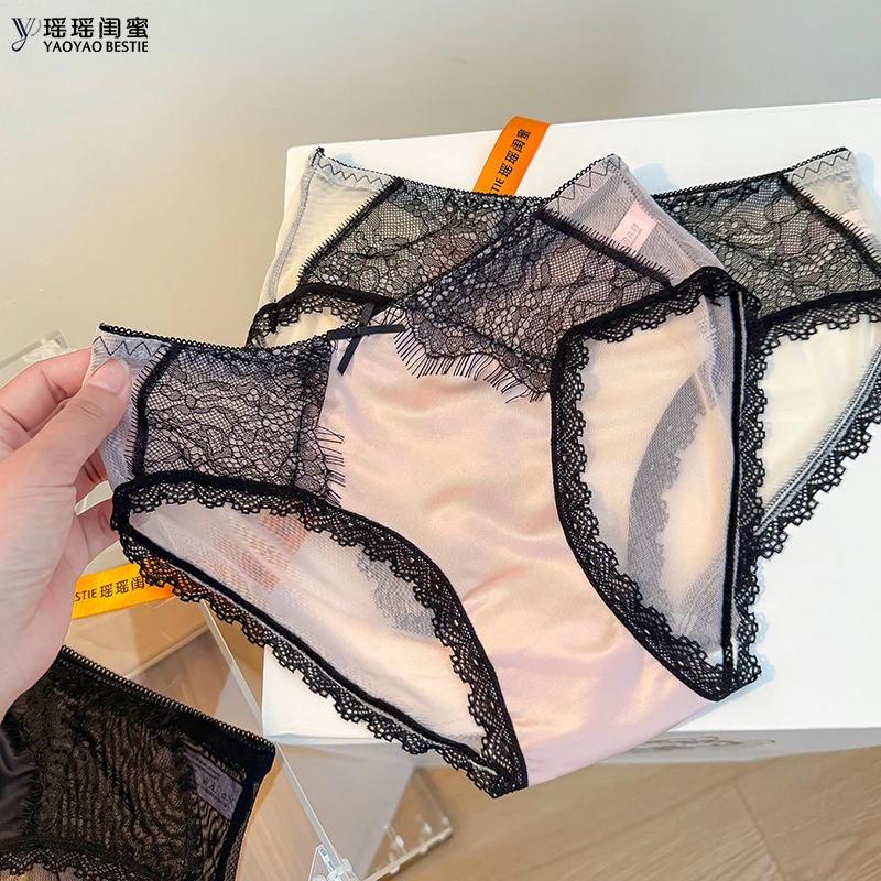 瑶瑶闺蜜法式性感蕾丝三角内裤女裤头女款透气丝滑绸缎面料裤衩女