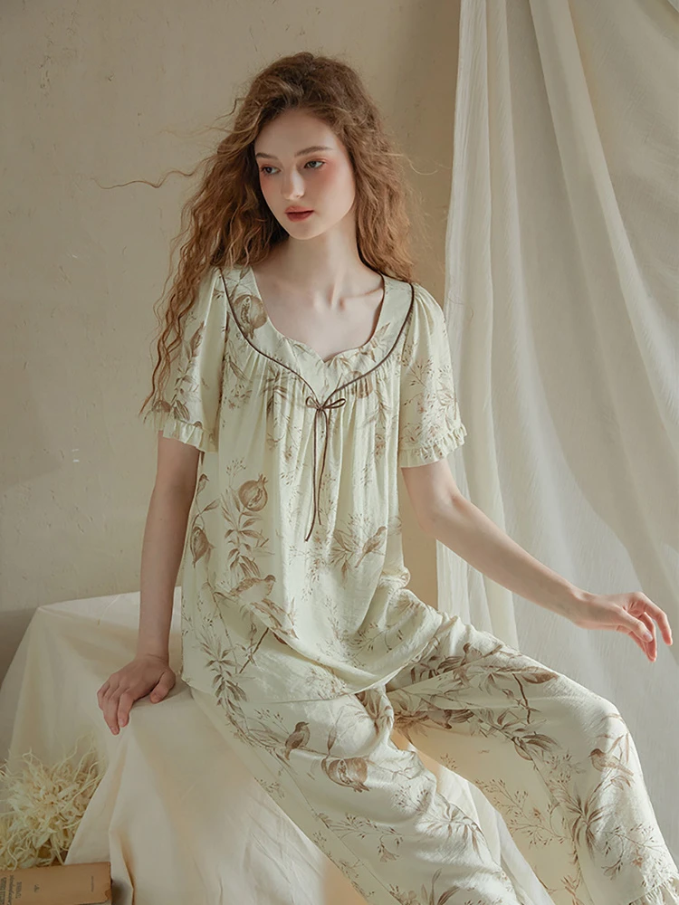尘熙法式复古印花睡衣女夏天短袖长裤春夏季清新家居服套装30386