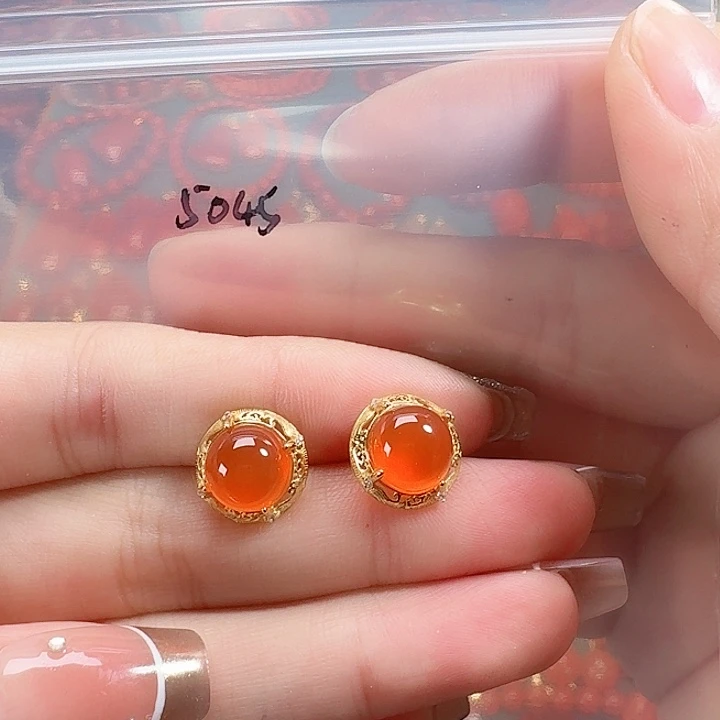 南红玛瑙银S925镶嵌耳饰