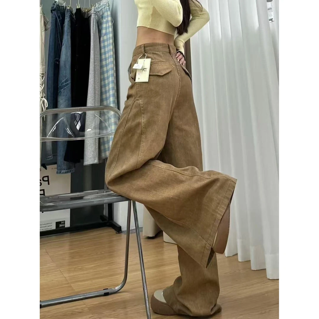 水洗复古卡其色设计阔腿牛仔裤高腰显瘦新款宽松拖地直筒百搭裤子