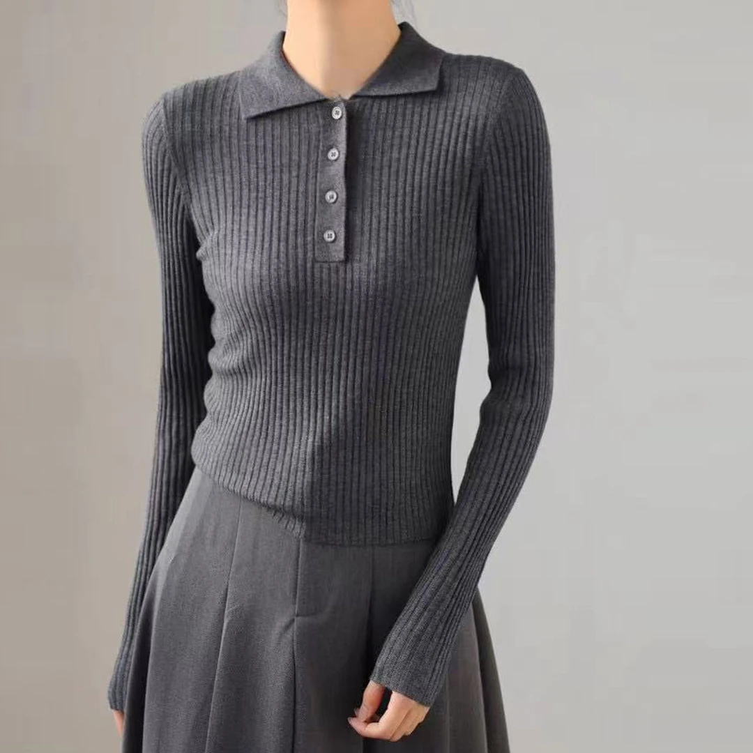 职业阿玛诗官方2025秋季新款翻领修身羊毛针织衫女内搭打底毛衣