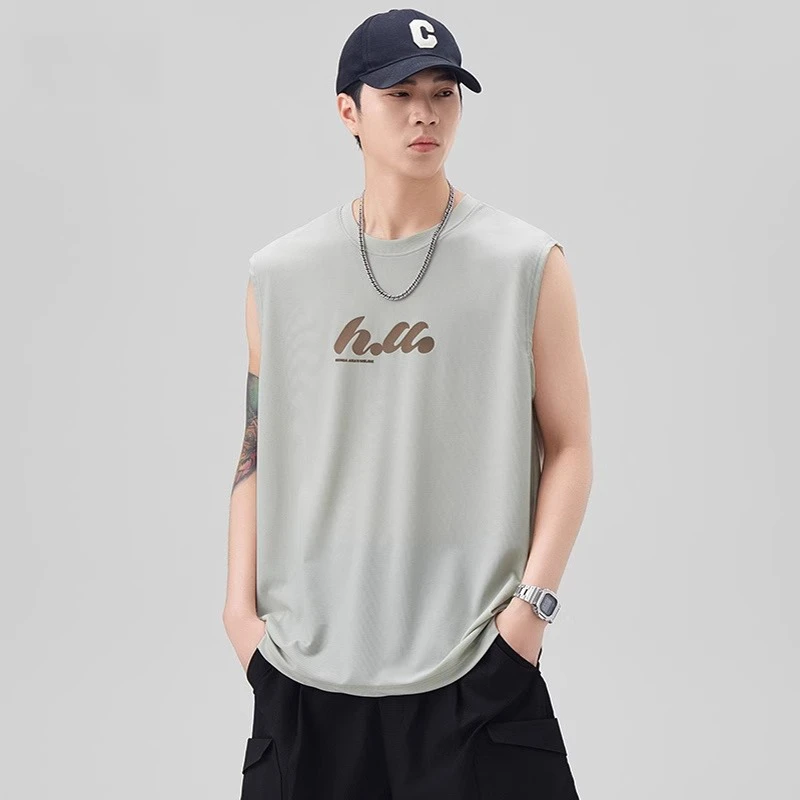 冰丝无袖t恤男士夏季薄款2025新款潮牌百搭宽松休闲运动凉感上衣