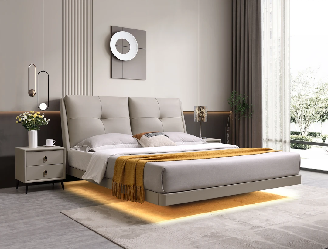 头层牛皮假一赔四床简约轻奢主卧悬浮带灯款婚房客房创意真皮大床