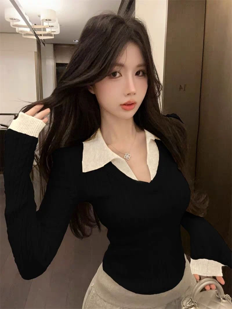 美式复古风修身针织女秋季2025新款设计感收腰polo领内搭长袖上衣