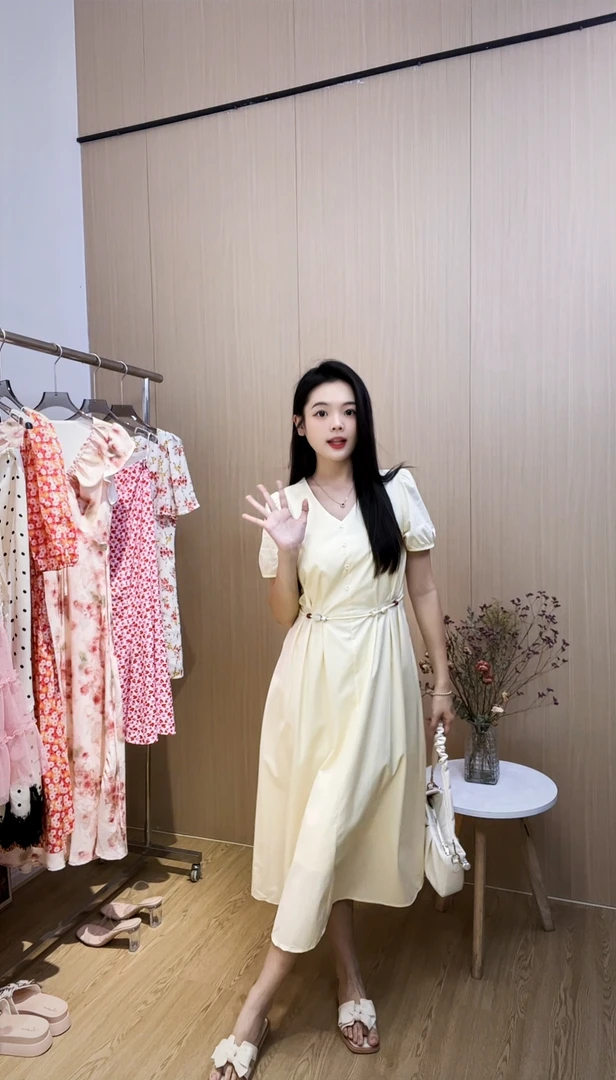 【小雅家】鹅黄色连衣裙甜美显瘦高弹力连衣裙女装夏季常规法式