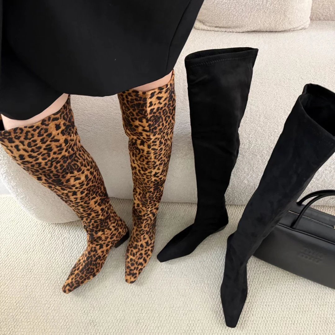 时髦复古粗跟性感长靴豹纹加绒秋冬时装靴欧美过膝百搭显瘦高筒靴