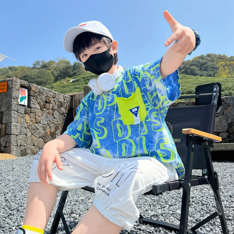 男童中大童夏季满印字母贴袋运动短袖套装薄款时尚夏装洋气时尚