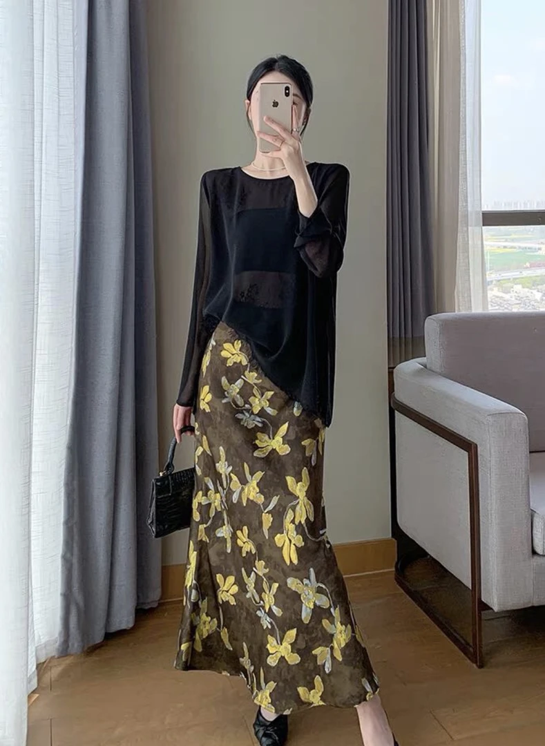 1193韩版百搭复古花显瘦半身裙时尚套装