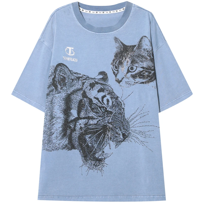 DC潮牌短袖T恤烫钻猫咪与虎休闲蓝色水洗圆领衫T69A108046