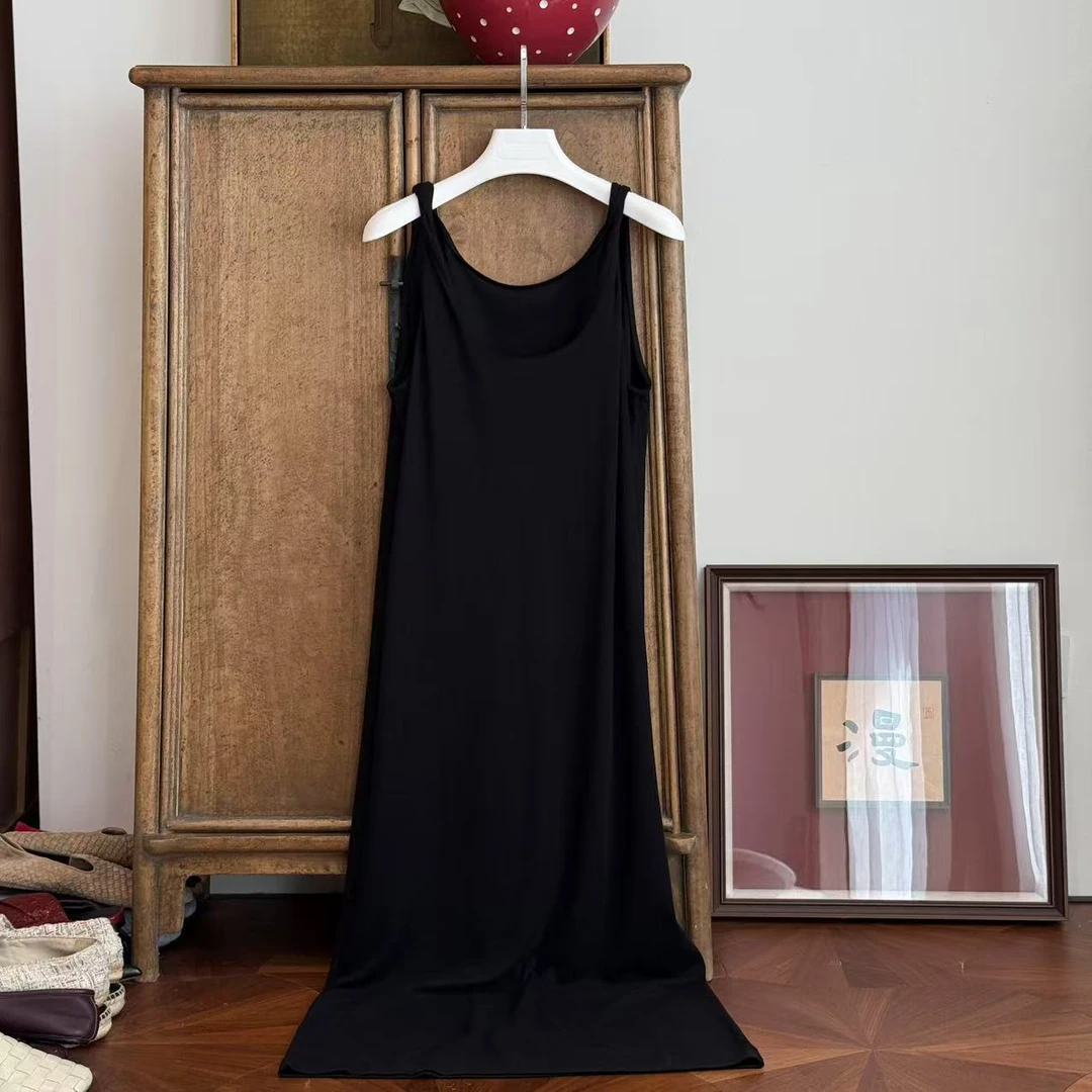 MYL 2025夏季新品粘胶棉混纺黑色吊带裙背心裙圆领宽松无袖连衣裙