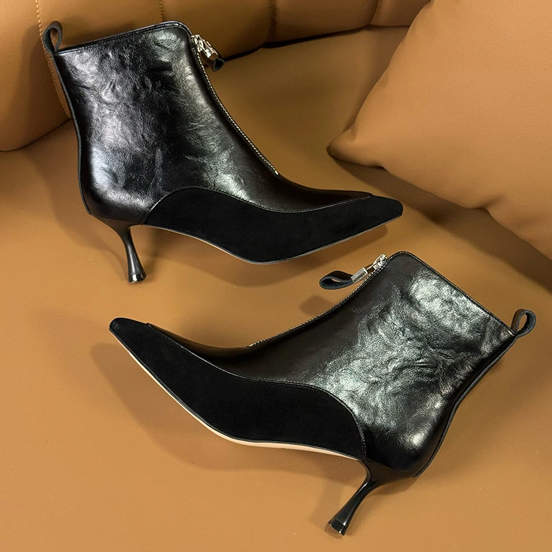 （跟高6cm）2024法式优雅真皮拼色短靴气质高跟鞋