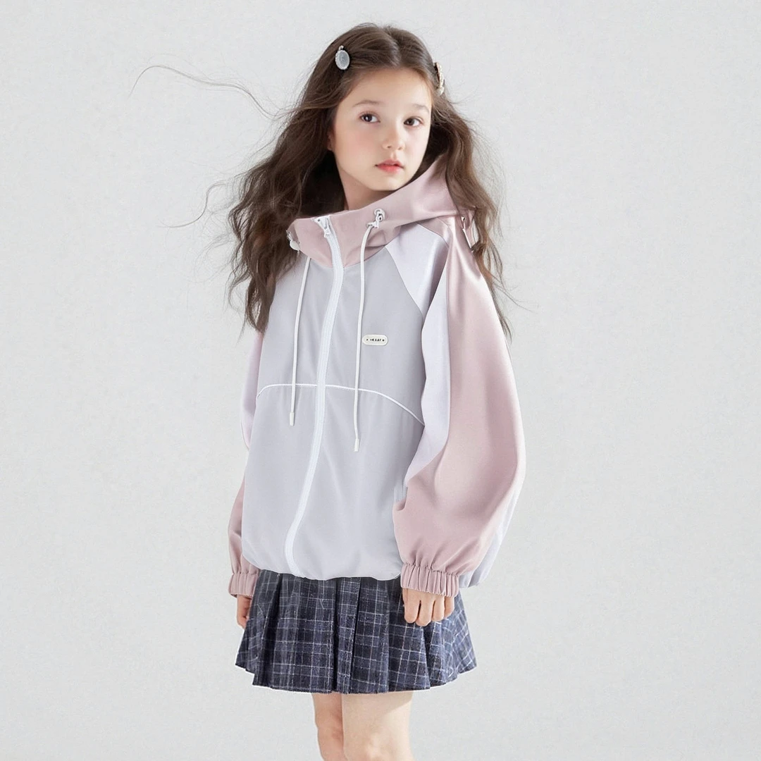 女童春季外套2025春季新款时尚洋气休闲百搭拼色连帽款外套Q62374