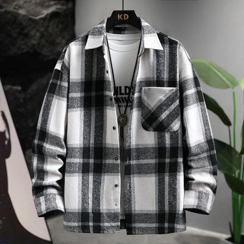 春款质感格子长袖棉质衬衫男士痞帅休闲宽松外搭潮流长袖衬衣CM11