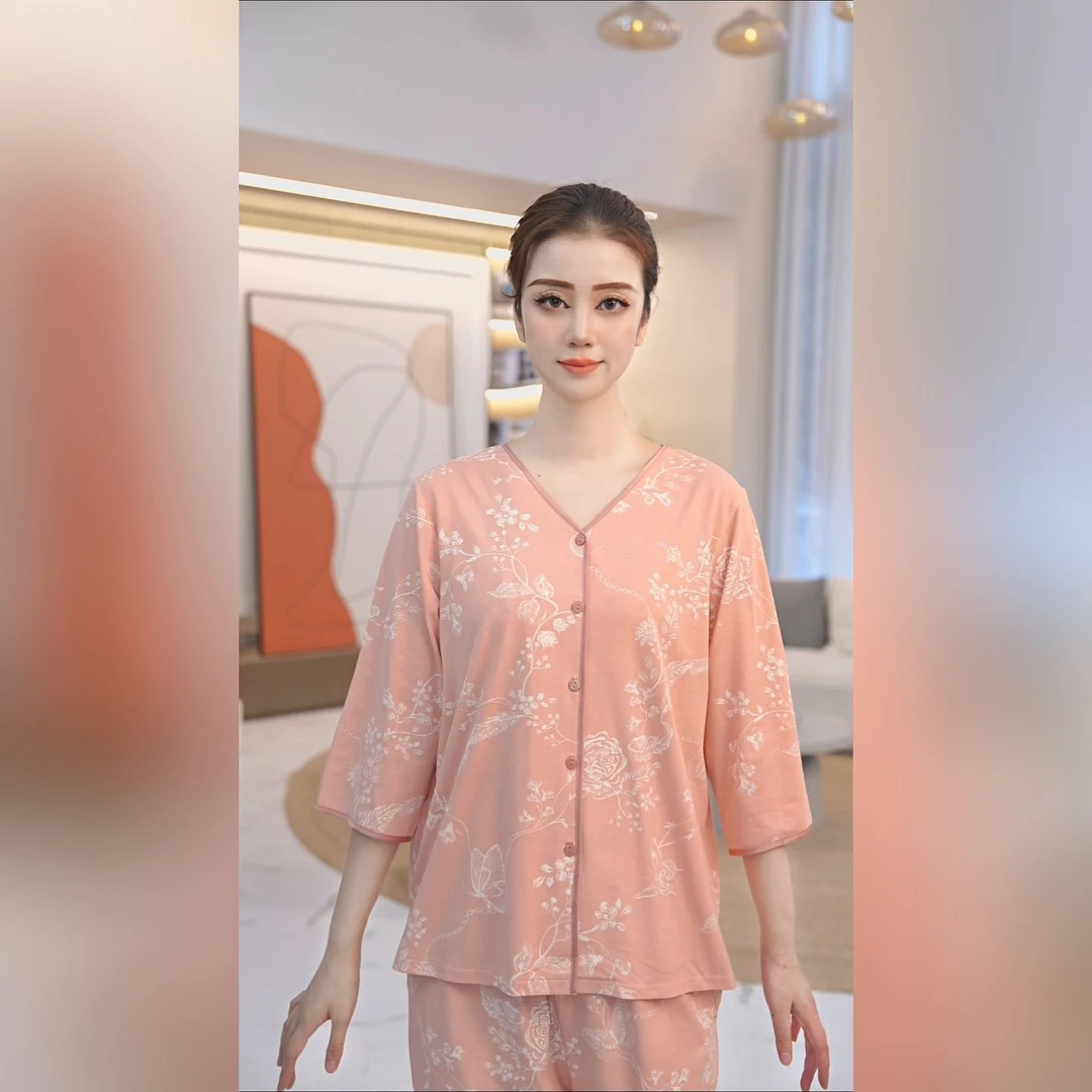 秋鹿超柔软莫代尔睡衣女2025春季新款V领七分袖九分裤家居服套装