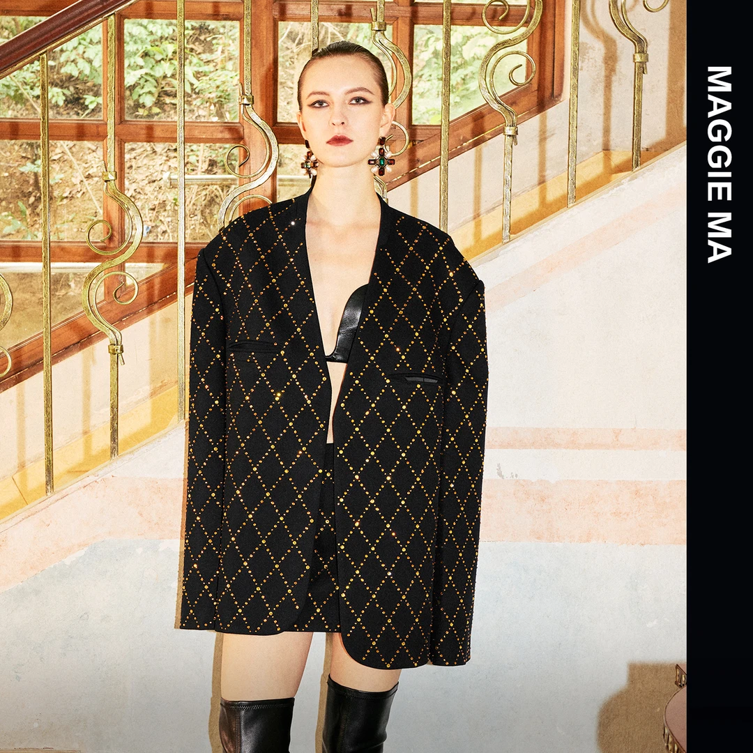 MAGGIE MA马婧设计师款奢华高贵闪耀黄钻大气廓形外套103C