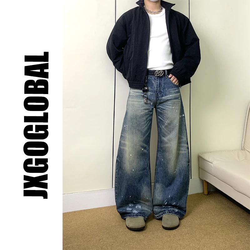 JXGOGLOBAL美式复古水洗做旧泼墨弯刀牛仔裤男女宽松街头阔腿裤子