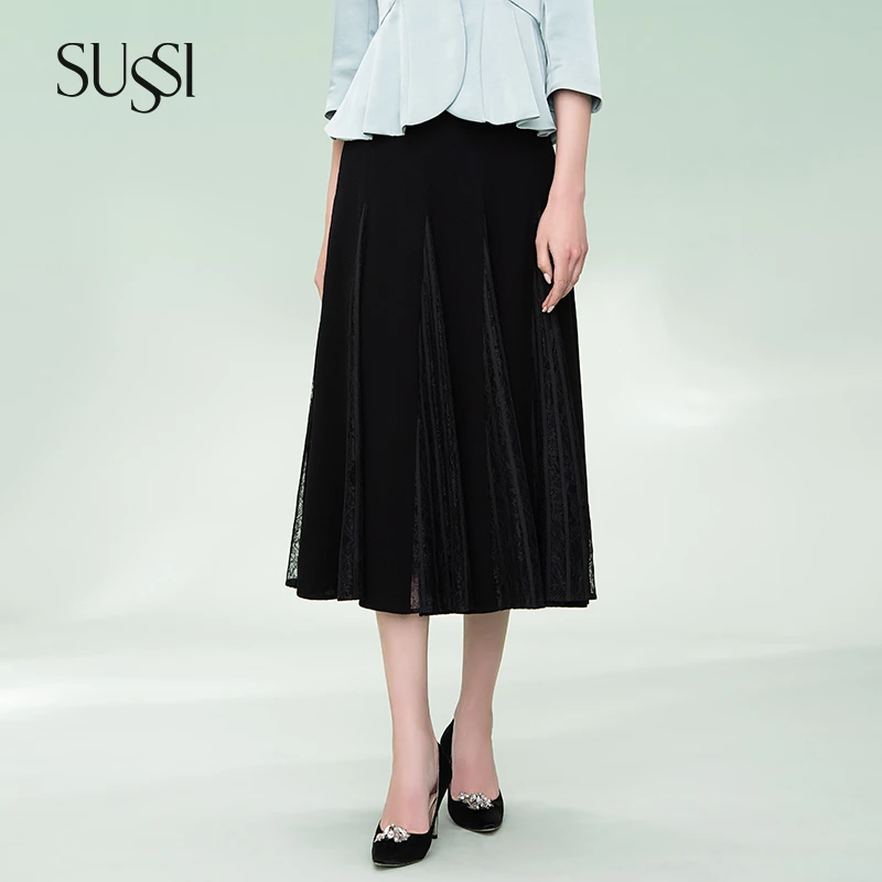 SUSSI/古色24夏商场同款黑色梭织拼蕾丝百搭款气质通勤半身裙女装