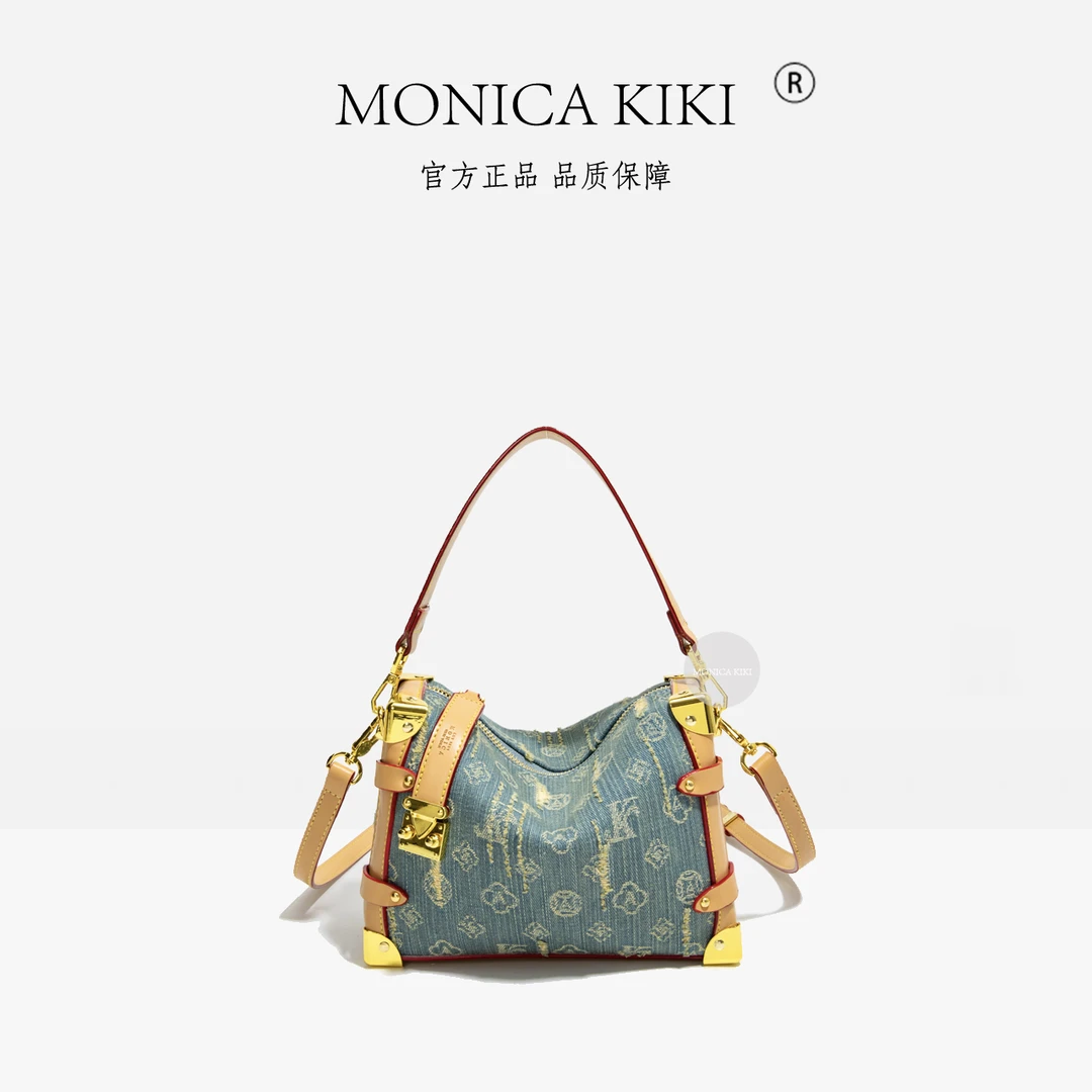 2025新款时尚通勤风褶皱牛仔包复古托特包印花单肩女士斜跨斜挎包