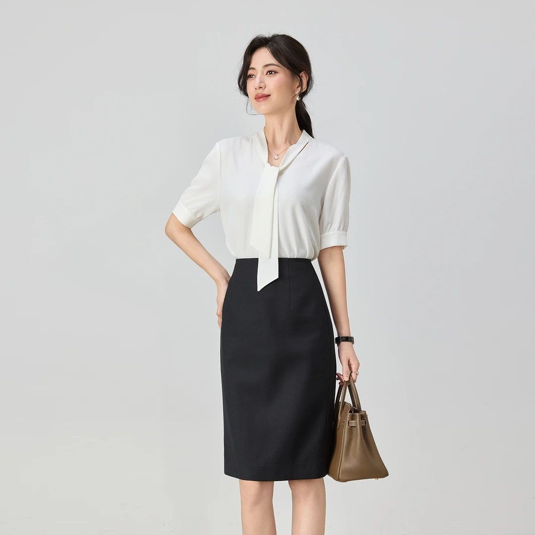 职业衬衫女新款白色气质女神范时尚优雅飘带短袖V领商务工装上衣