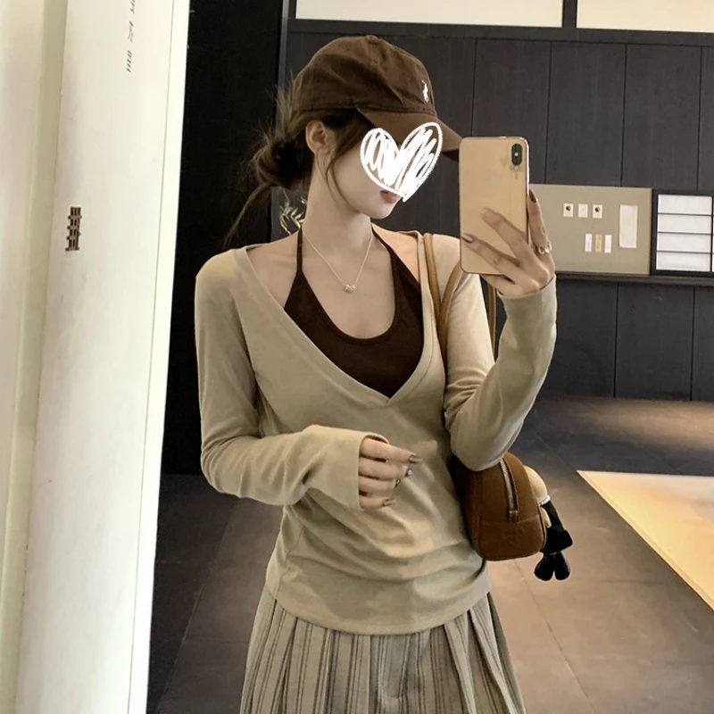 性感辣妹深v领长袖t恤罩衫女2025夏季新款内搭挂脖背心防晒薄上衣