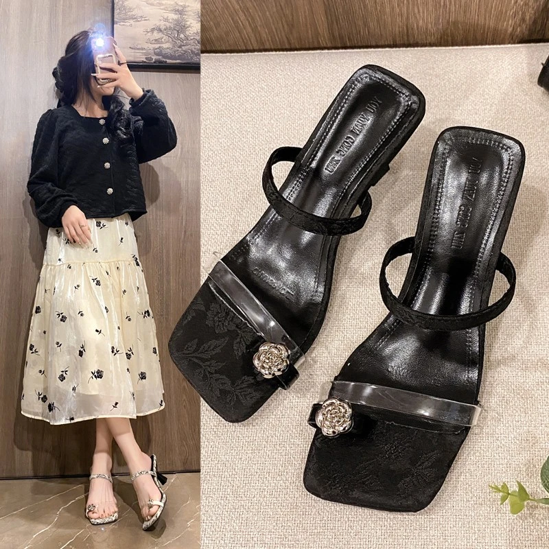 水钻高跟凉鞋女夏季新款中空细带夹趾细跟外穿性感百搭半拖鞋