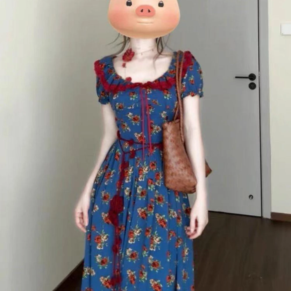 【宫廷花语】大码女装夏季法式复古收腰碎花连衣裙女新款泡泡袖长裙